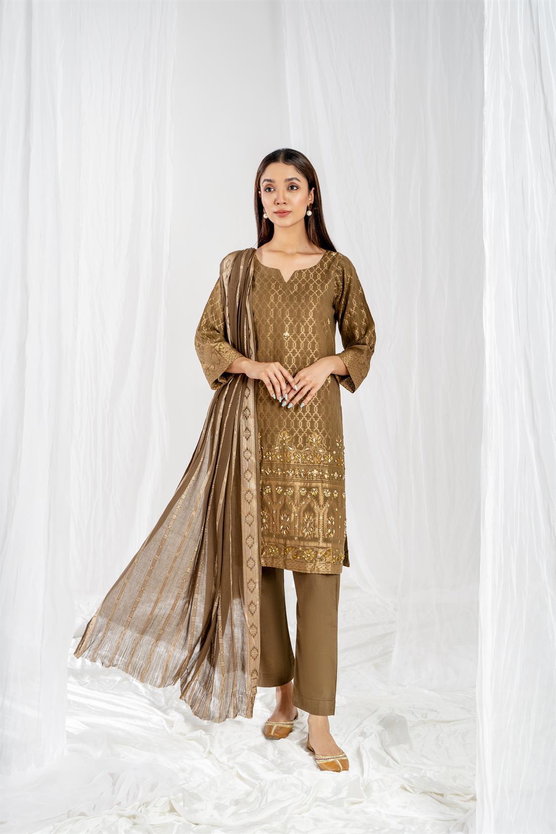 Olive Green Printed Jacquard Ladies 3 Piece Suit
