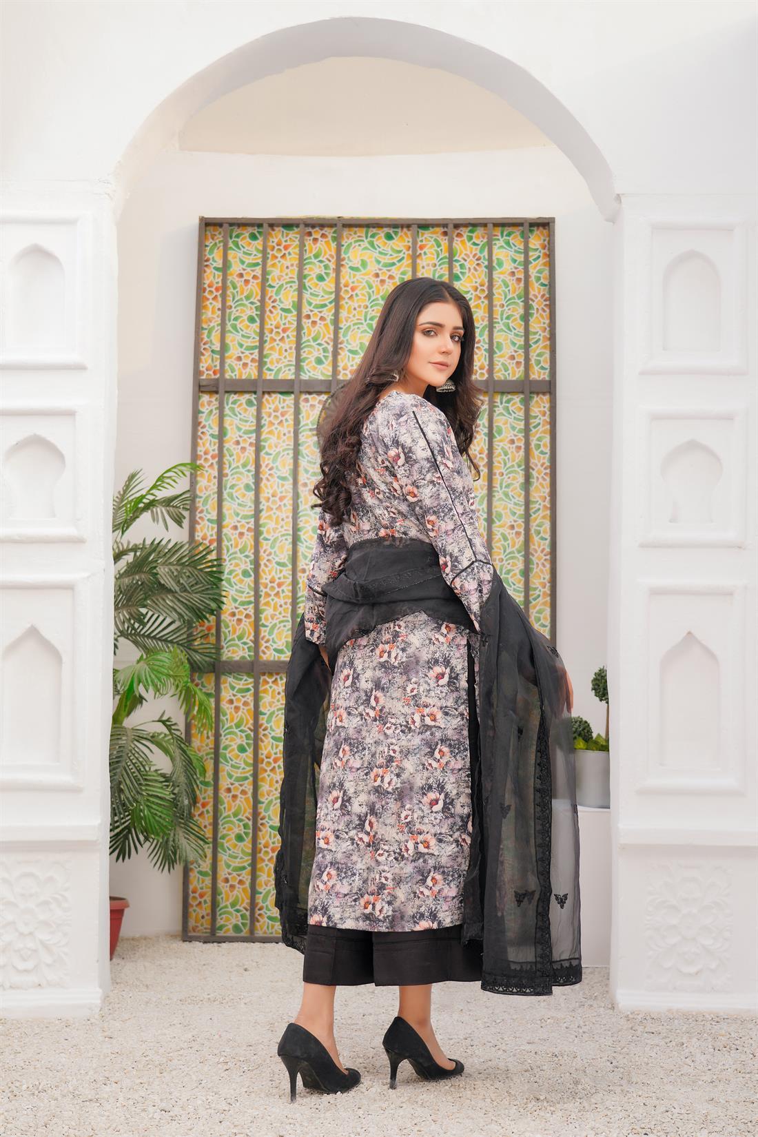 Black & Grey Printed Haddar Straight Kameez with Palazzo and Organza Dupatta