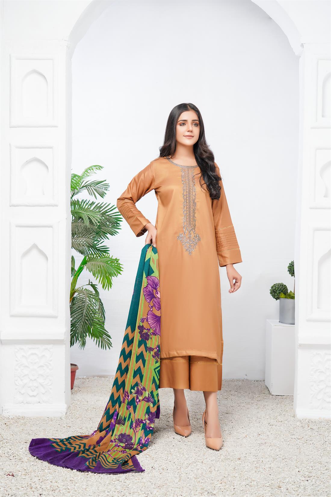 Camel Embroidered Linen Palazzo 3 Piece Suits