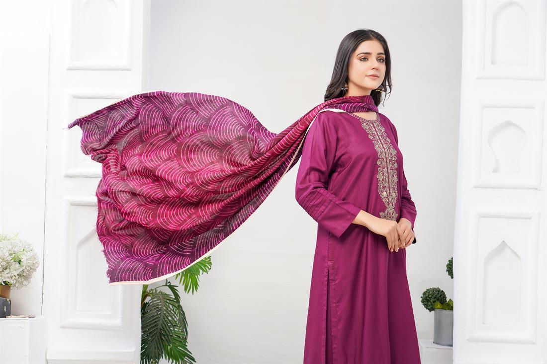 Plum Embroidered Linen Palazzo Ladies 3 Piece Suit
