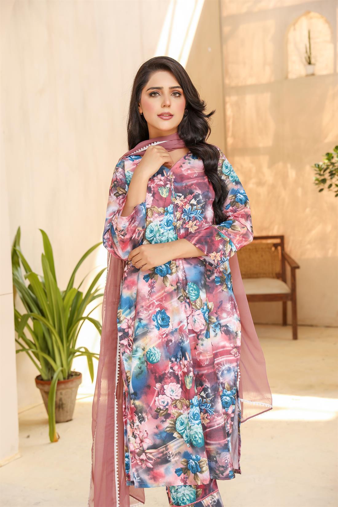 Multicolour Chiffon Printed Viscose Rayon 3 Piece Suit