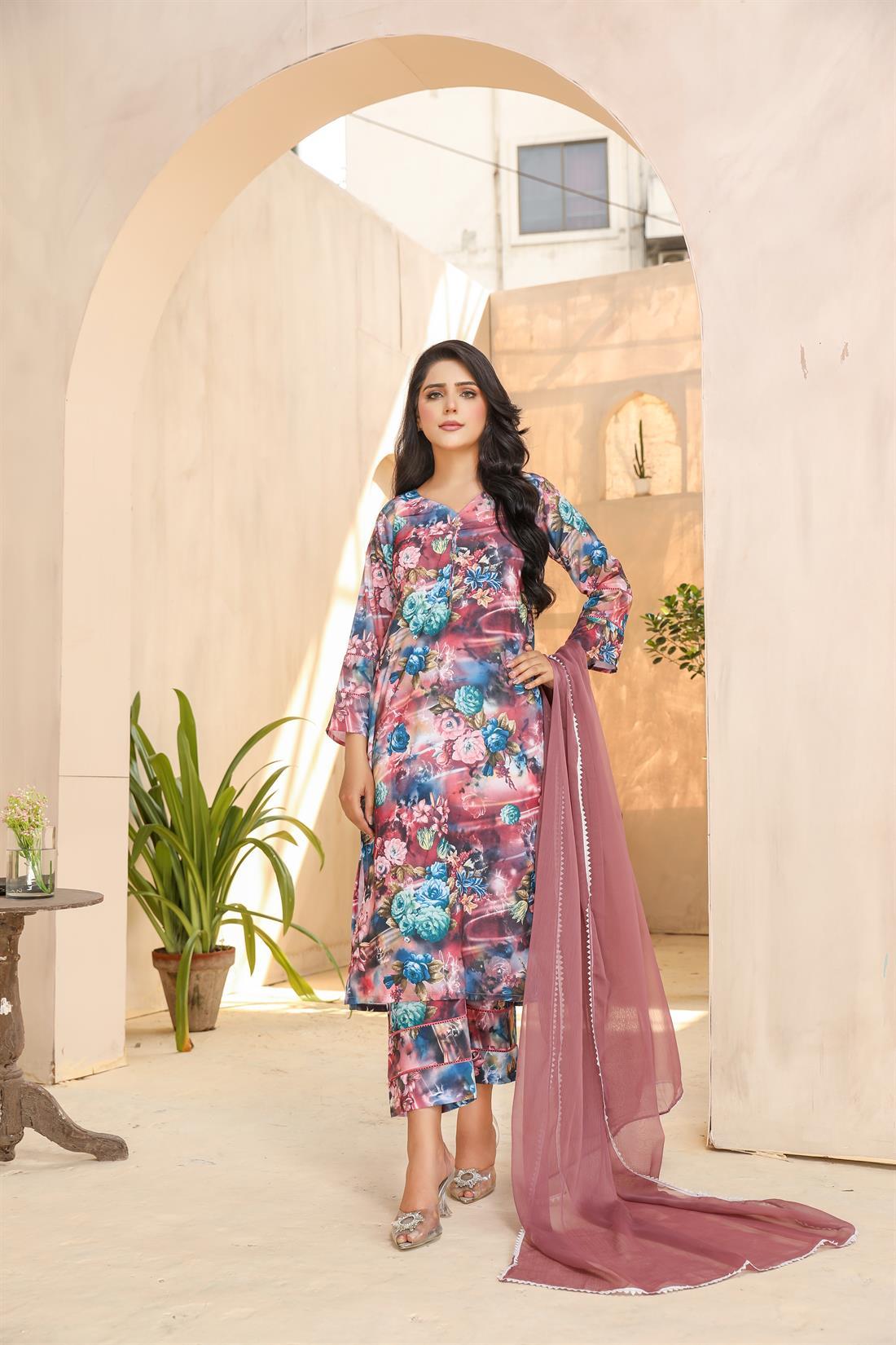 Multicolour Chiffon Printed Viscose Rayon 3 Piece Suit