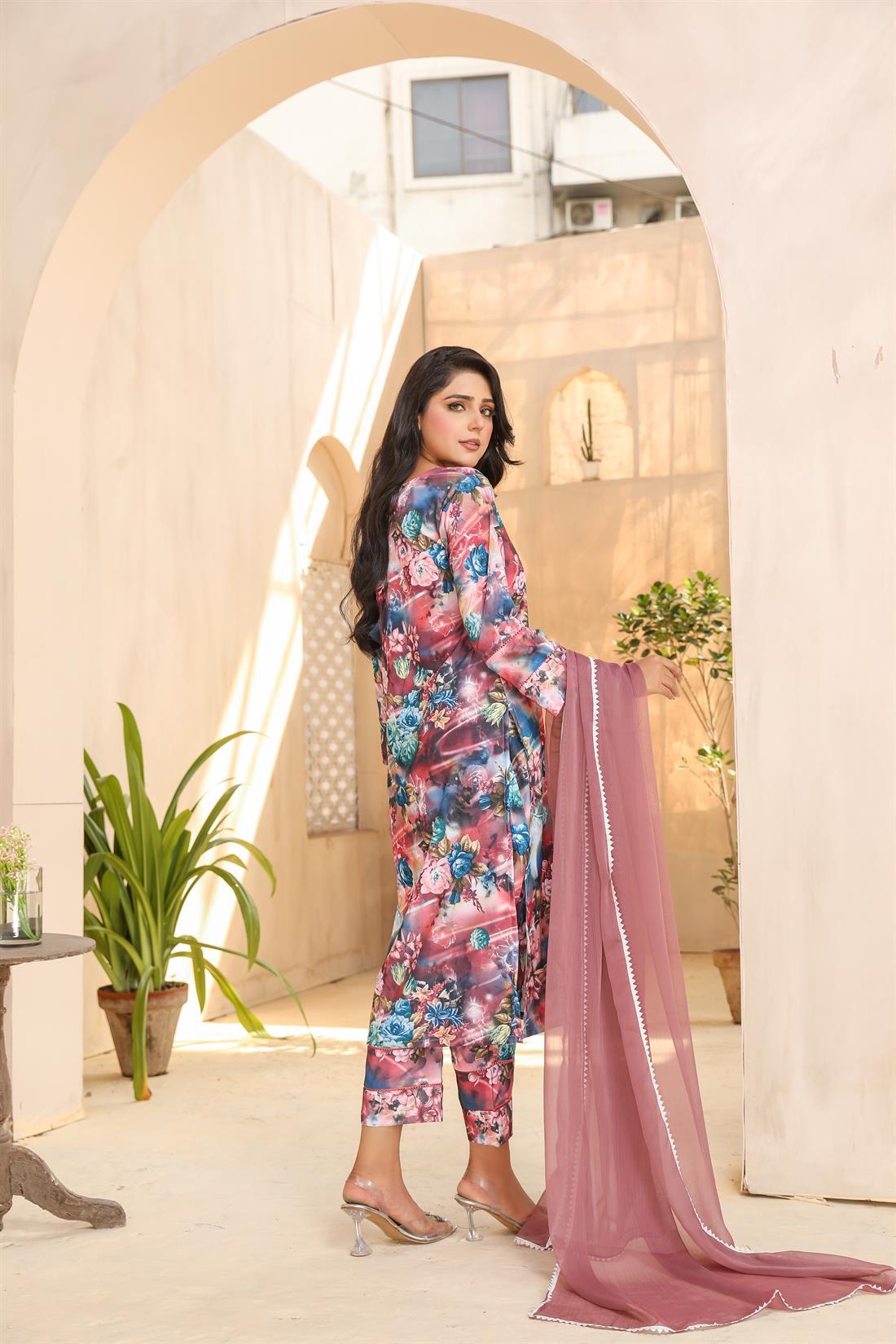 Multicolour Chiffon Printed Viscose Rayon 3 Piece Suit