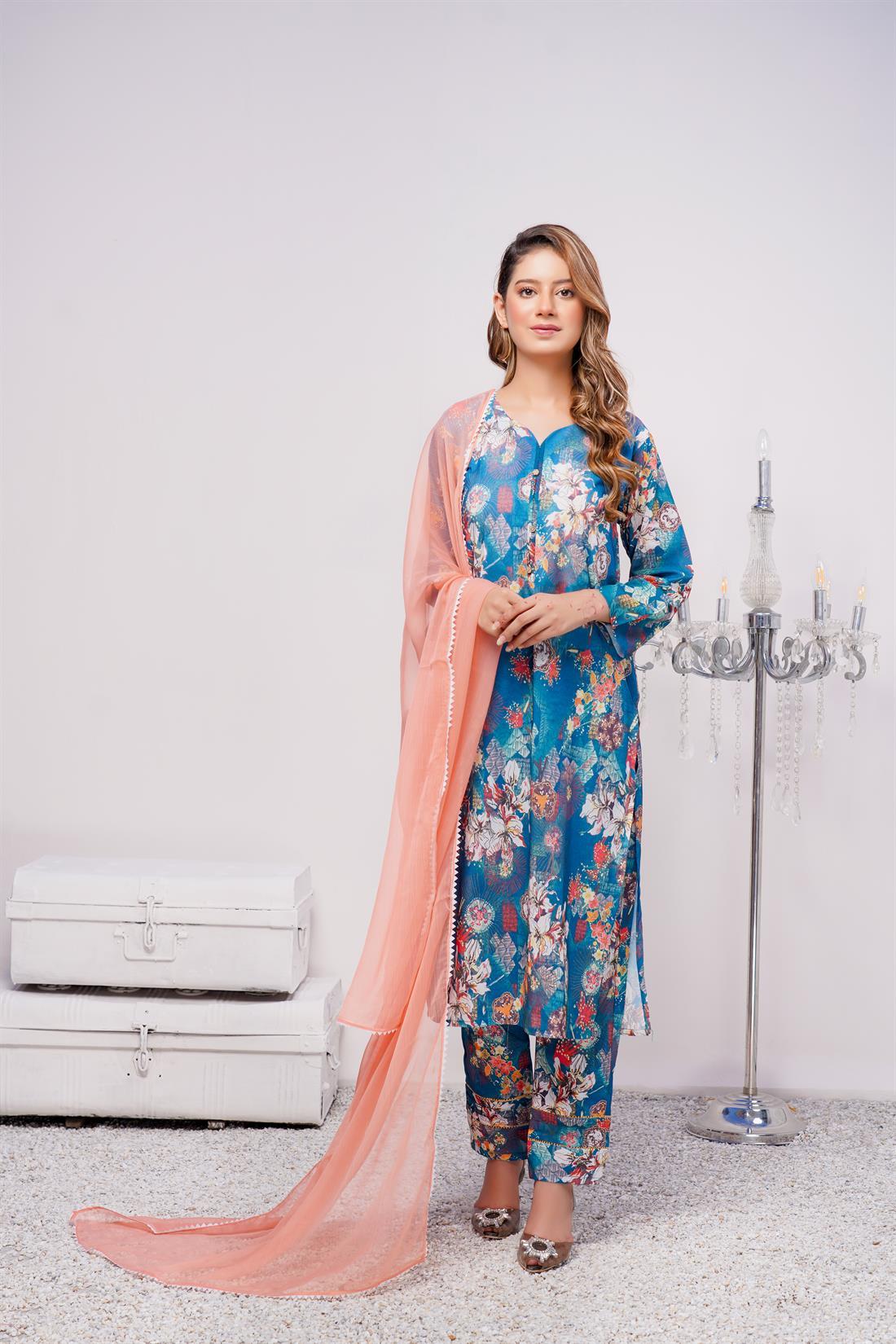 Teal Chiffon Printed Viscose Rayon 3 Piece Suit