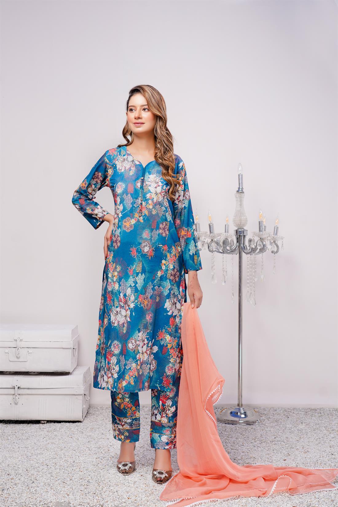 Teal Chiffon Printed Viscose Rayon 3 Piece Suit