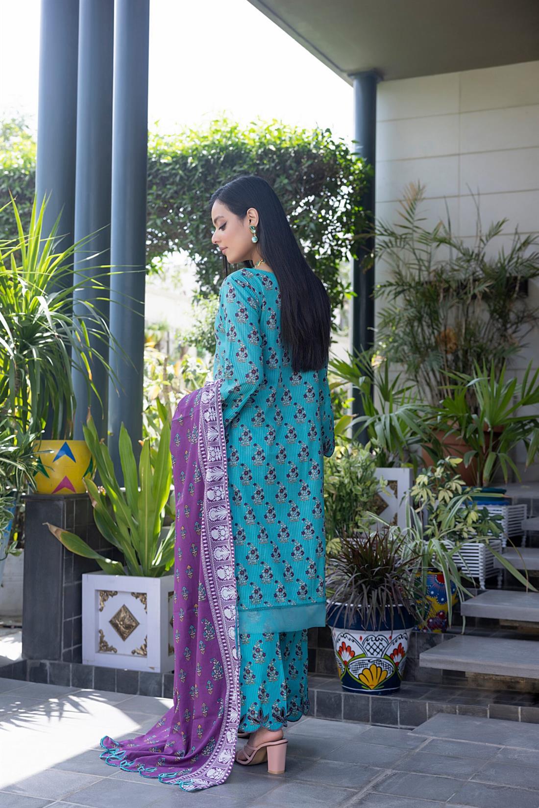 Aqua Blue Digital Print Lawn Ladies 3 Piece Suit