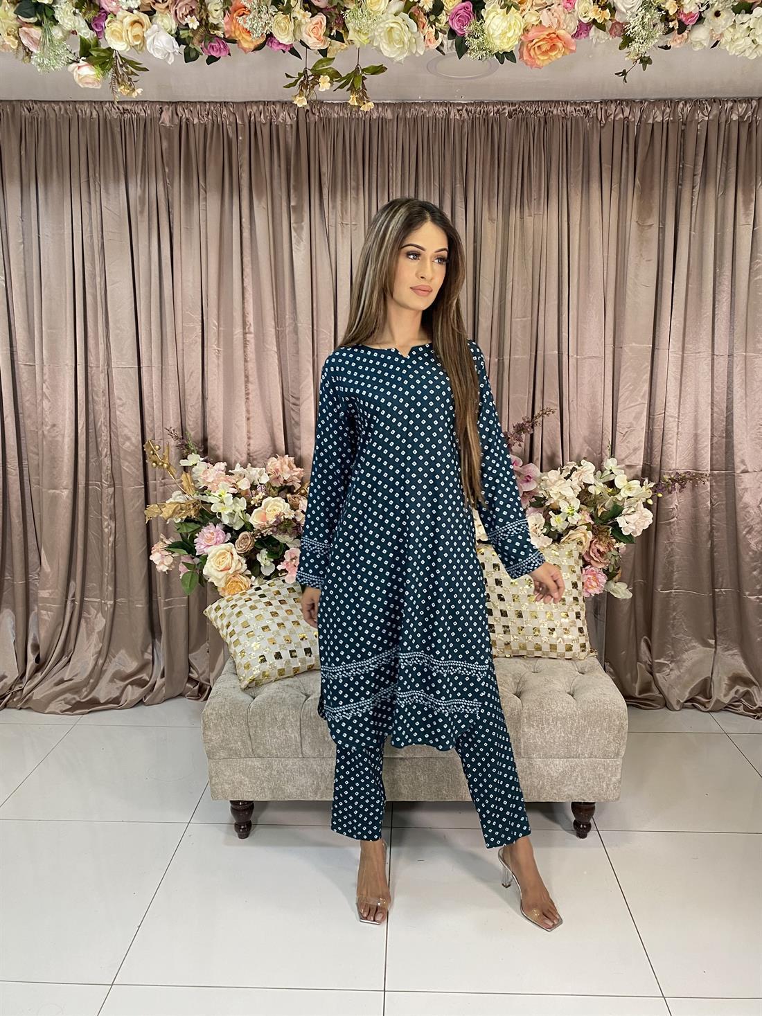 Teal Green Digital Print Linen Ladies 2 Piece Suit