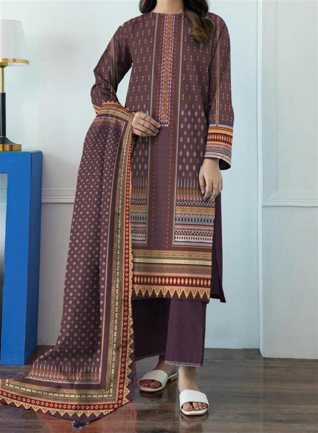 Plum Digital Print Khaddar Ladies 3 Piece Suit