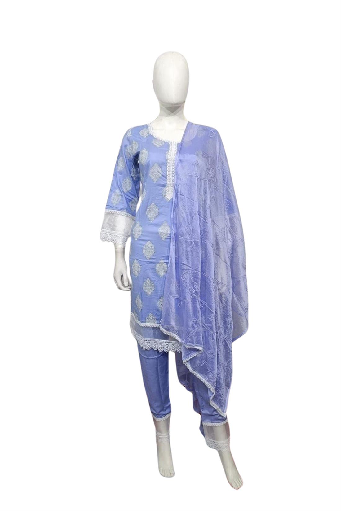 Lavendar Printed Chiffon Ladies 3 Piece Suit
