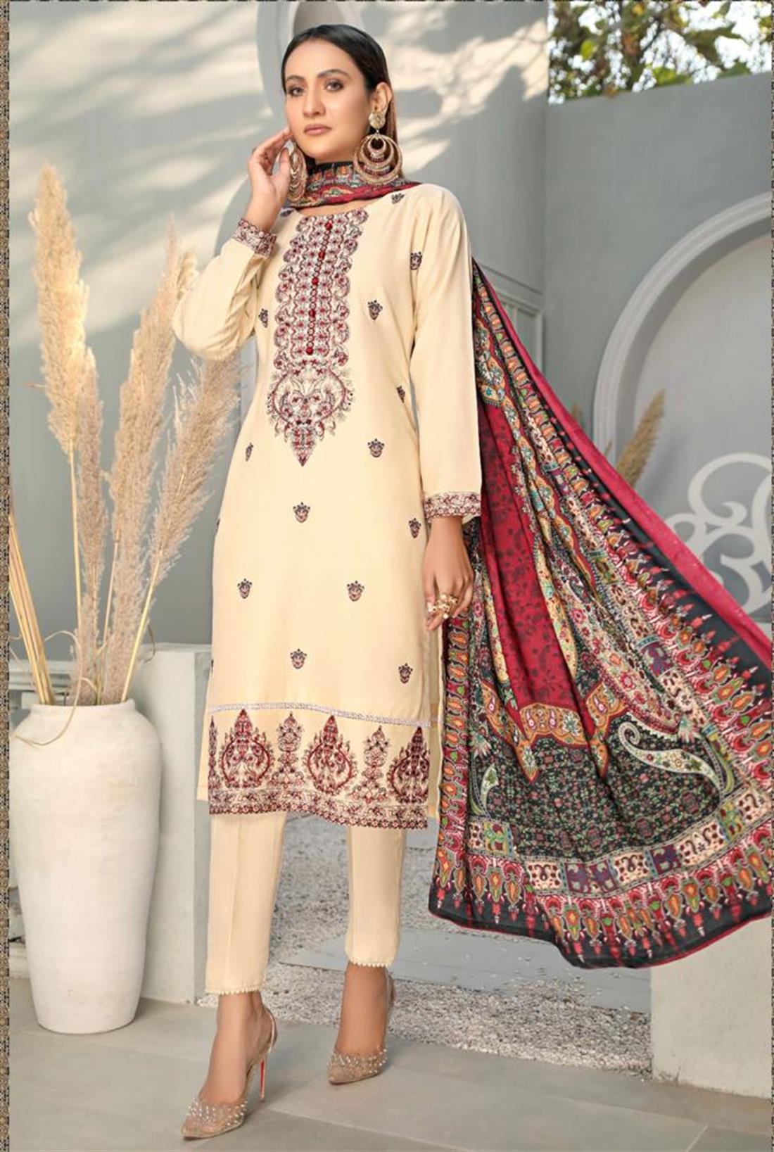 Cream & Multicolour Ladies 3 Piece Suit 3