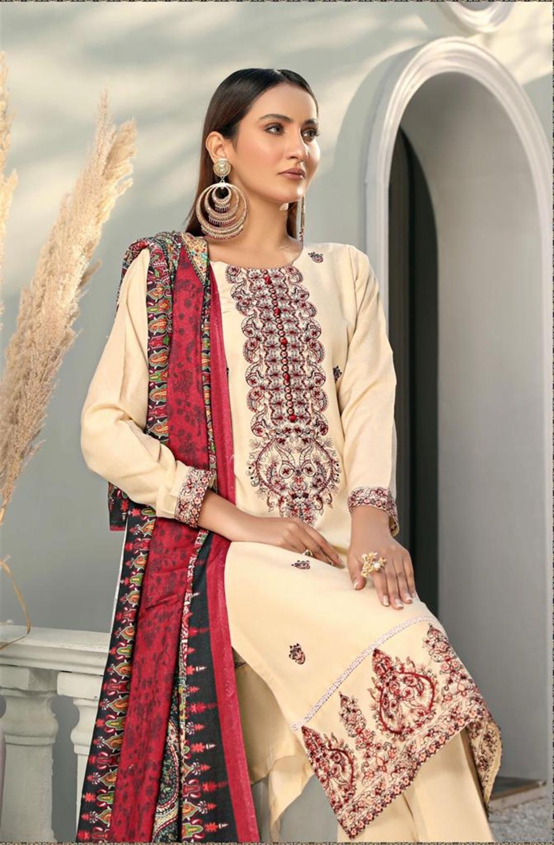 Cream & Multicolour Ladies 3 Piece Suit 3