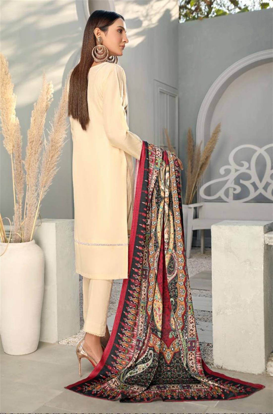 Cream & Multicolour Ladies 3 Piece Suit 3
