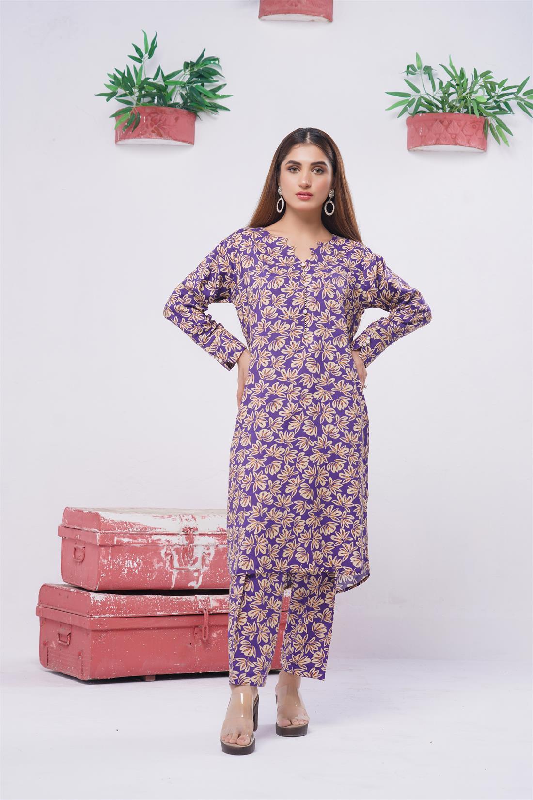 Purple Digital Print Linen Ladies 2 Piece Suit
