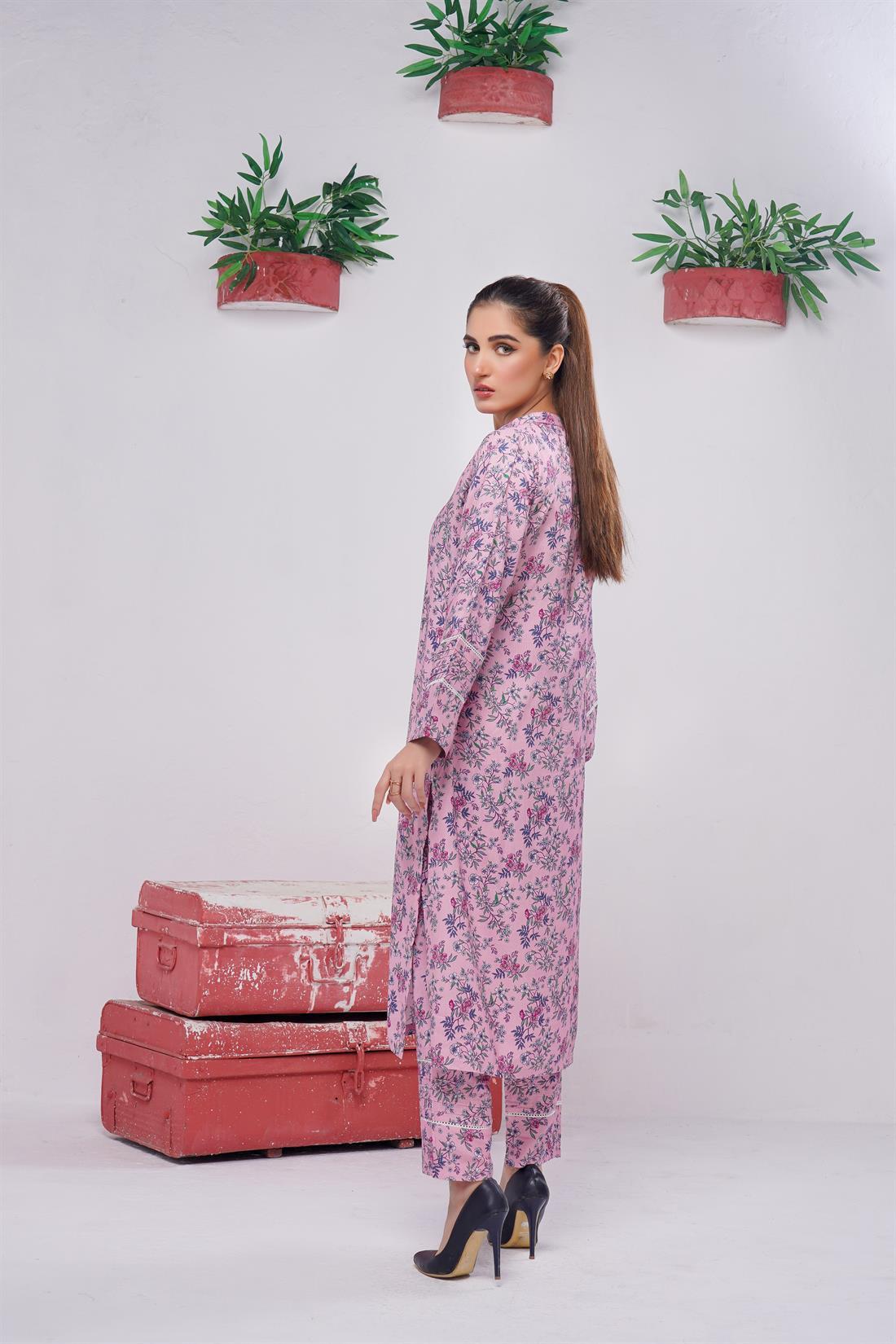 Pink & Multicolour Digital Print Linen Ladies 2 Piece Suits