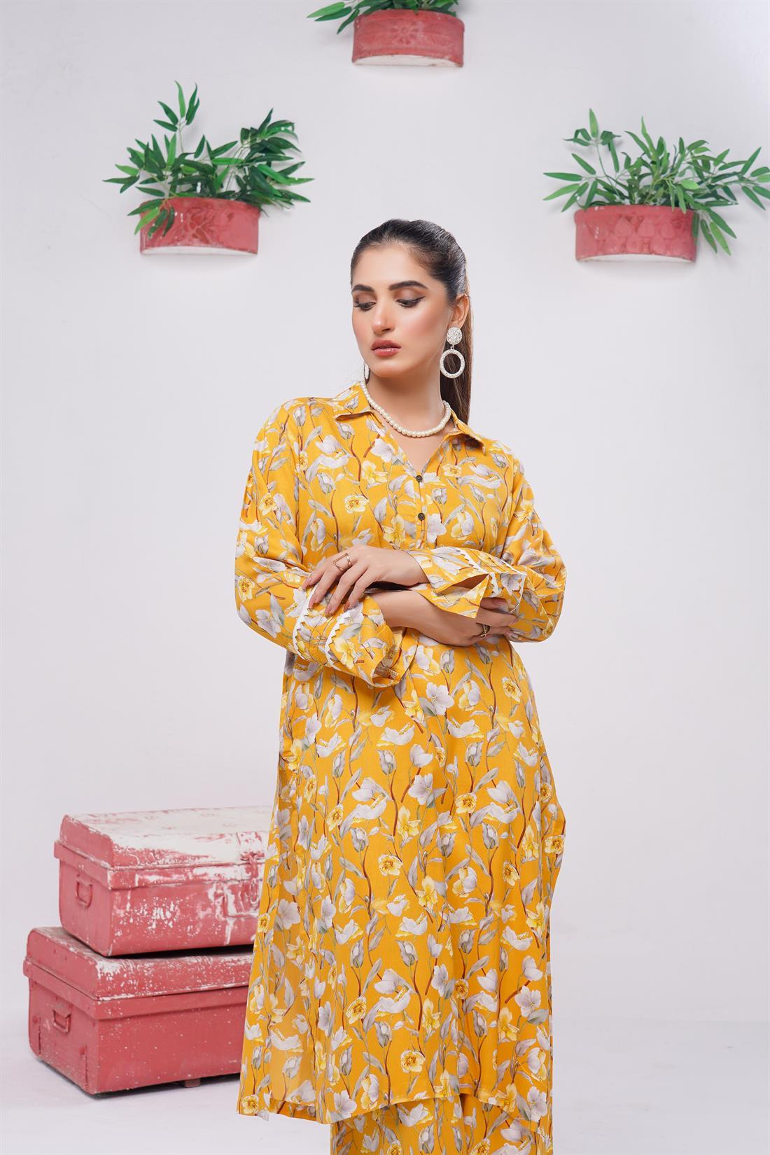 Mustard Digital Print Ladies 2 Piece Linen Suit