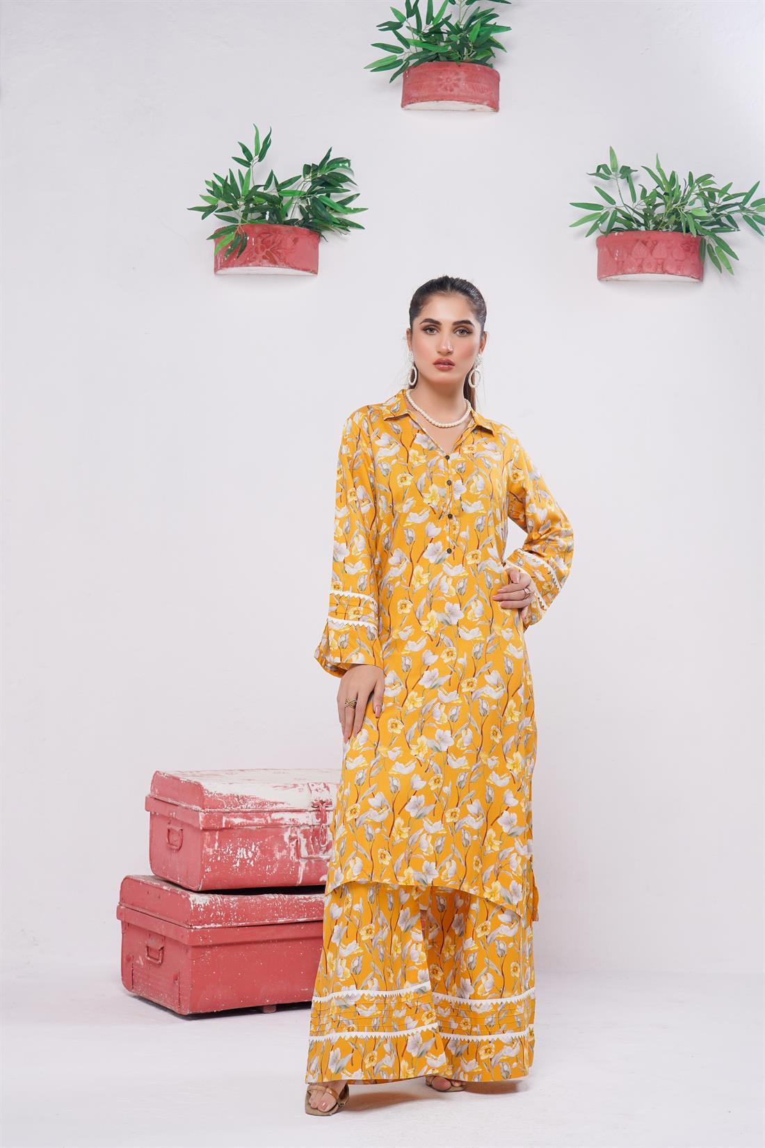 Mustard Digital Print Ladies 2 Piece Linen Suit