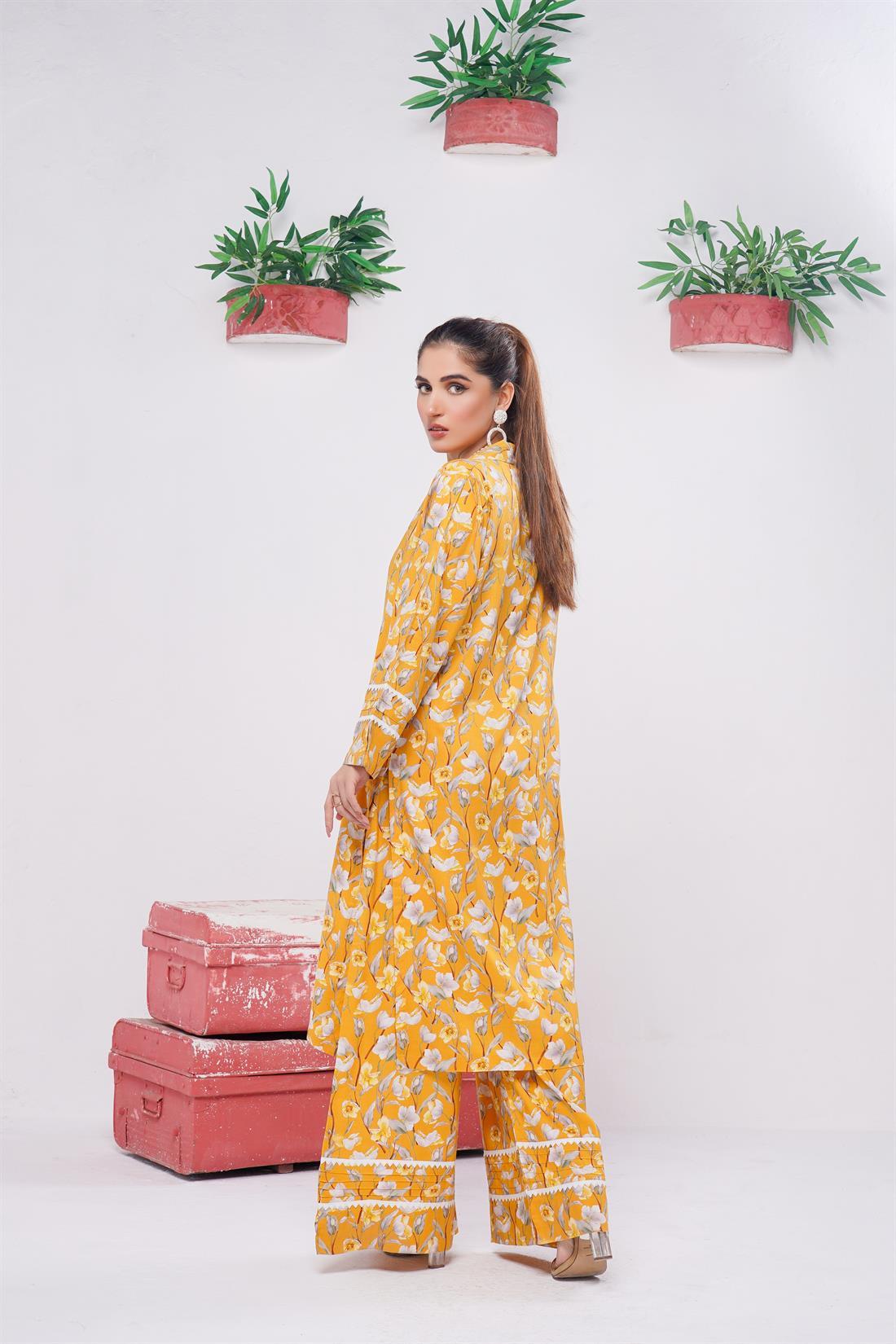 Mustard Digital Print Ladies 2 Piece Linen Suit