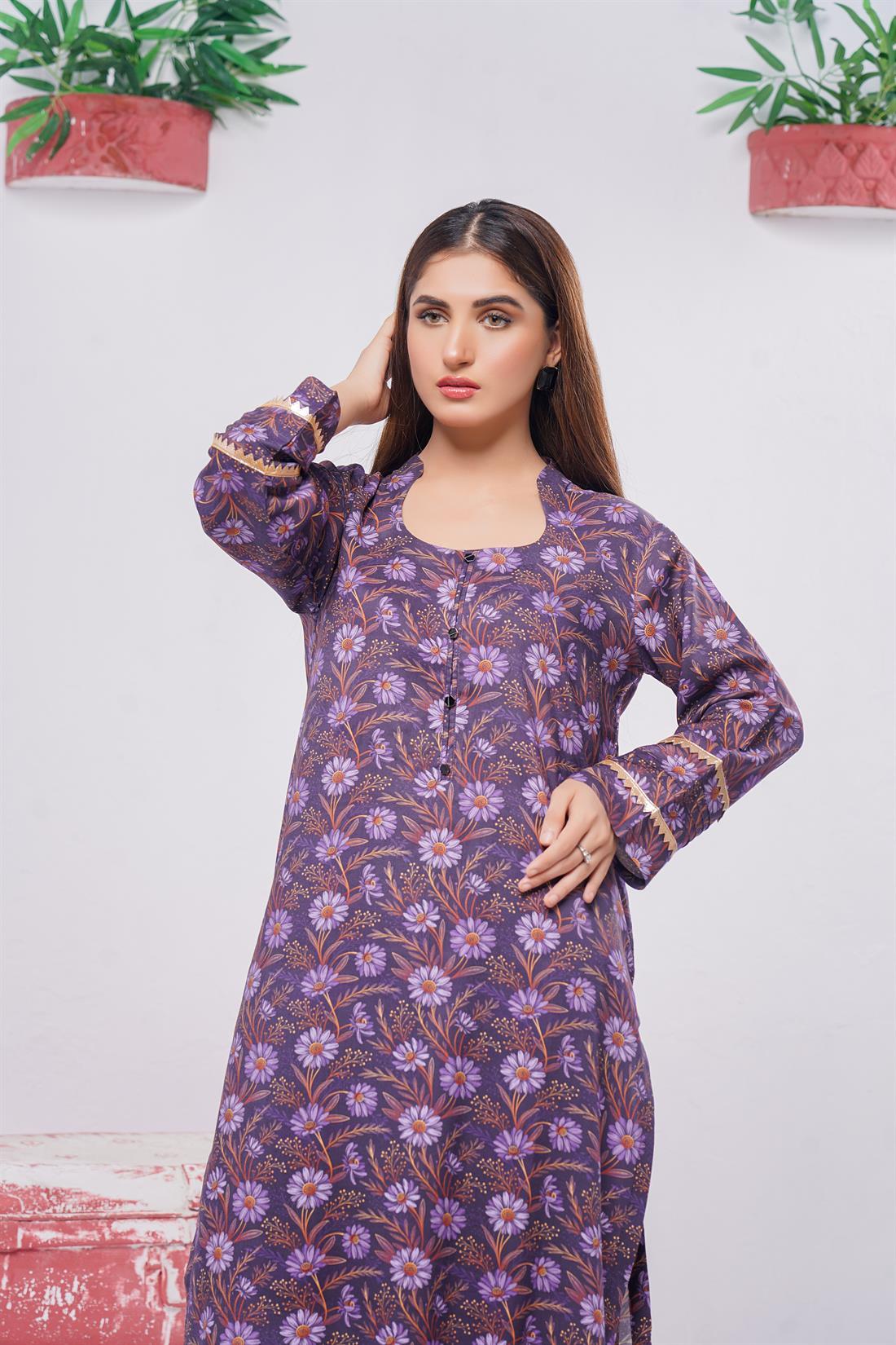 Purple Digital Print Linen Ladies 2 Piece Suit