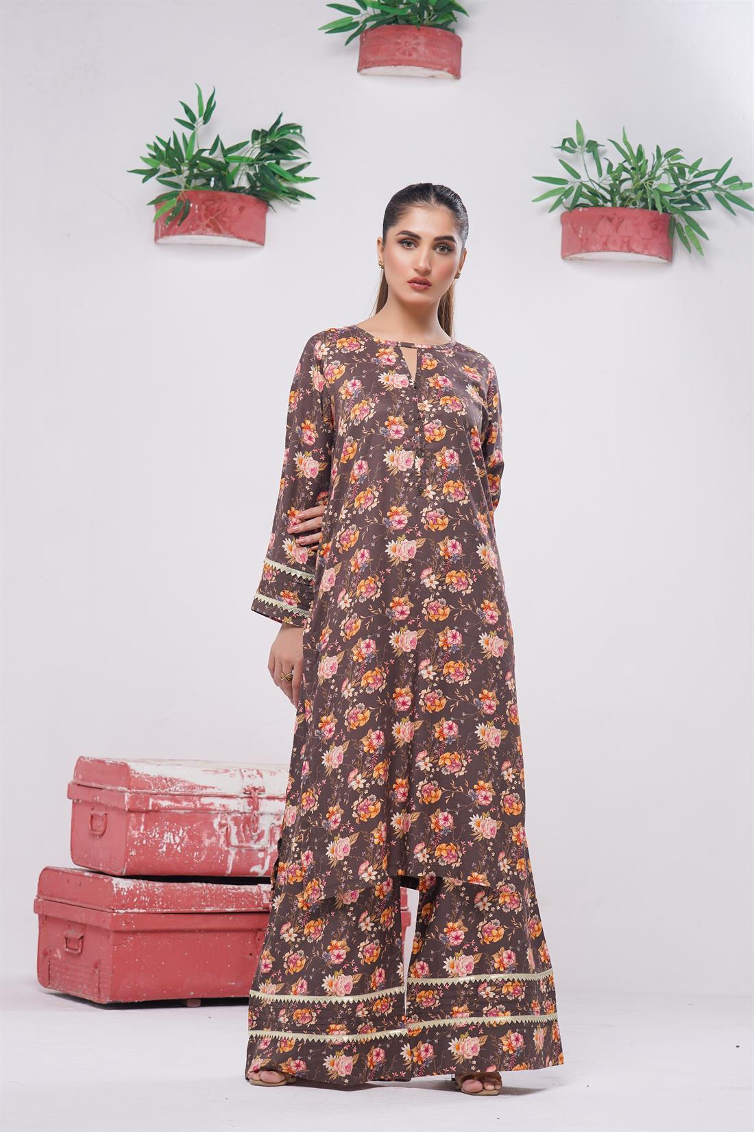 Brown & Multicolour Digital Print Linen Ladies 2 Piece Suit