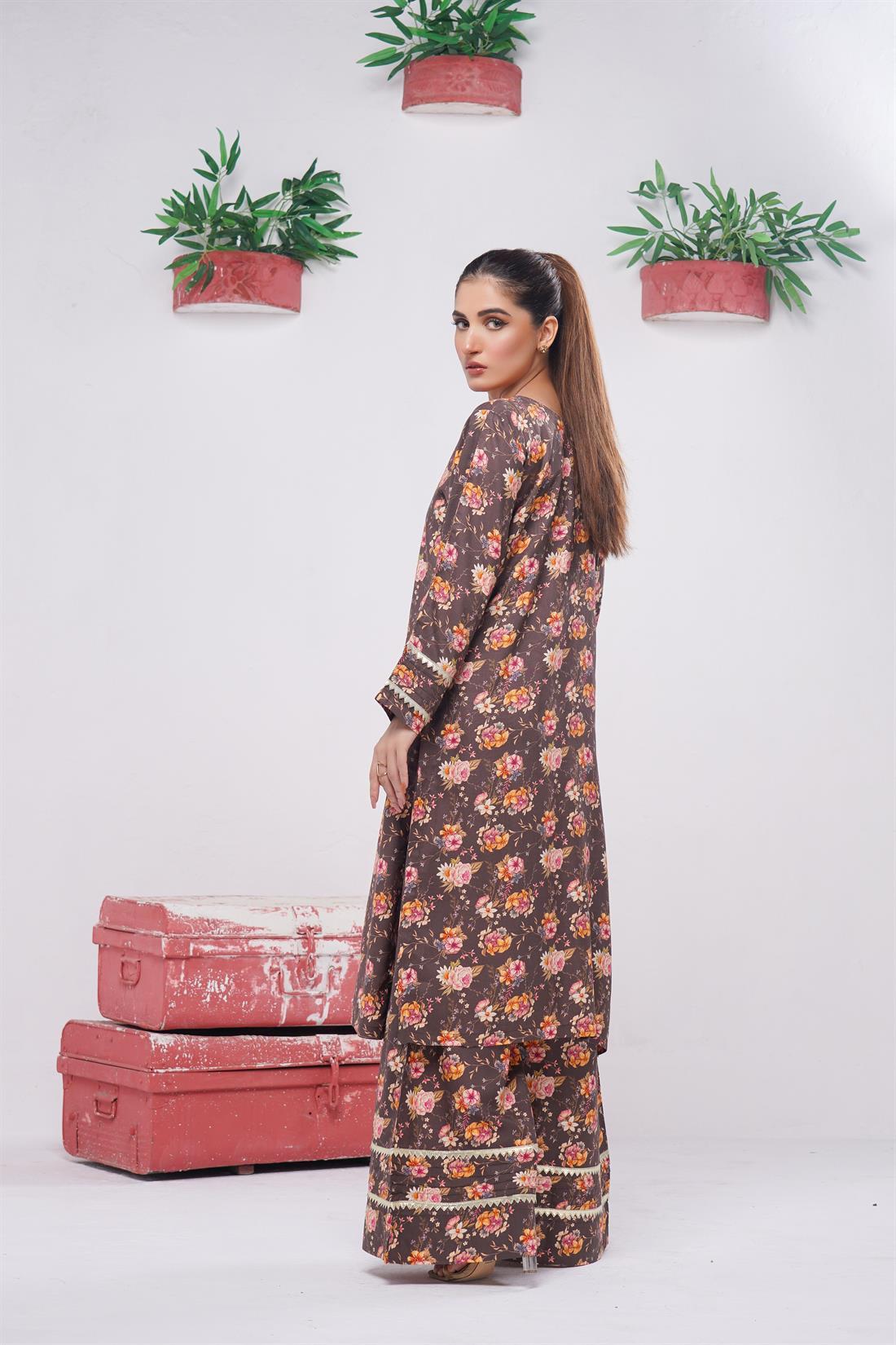 Brown & Multicolour Digital Print Linen Ladies 2 Piece Suit