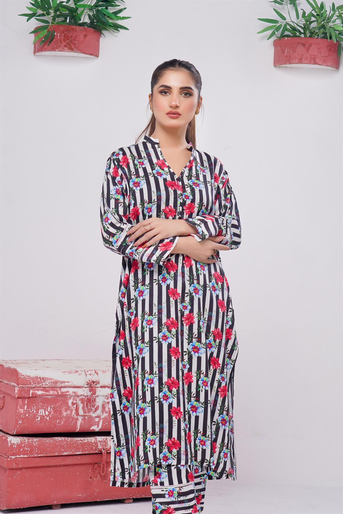 Black & Multicolour Digital Print Linen Ladies 2 Piece Suit