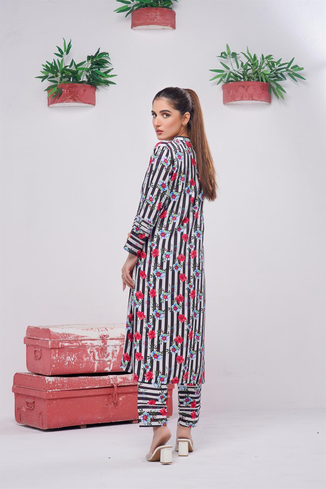 Black & Multicolour Digital Print Linen Ladies 2 Piece Suit
