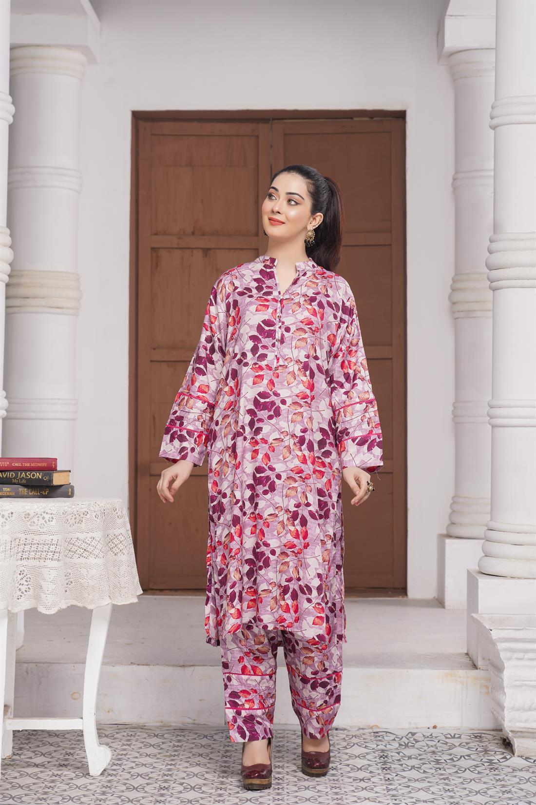 Lilac Digital Print Linen Ladies 2 Piece Suits