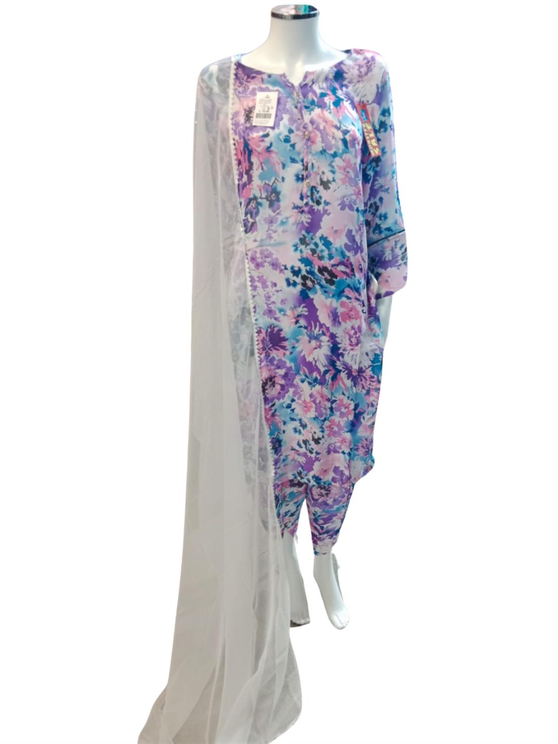 Multicolour & White Ladies 3 Piece Suit