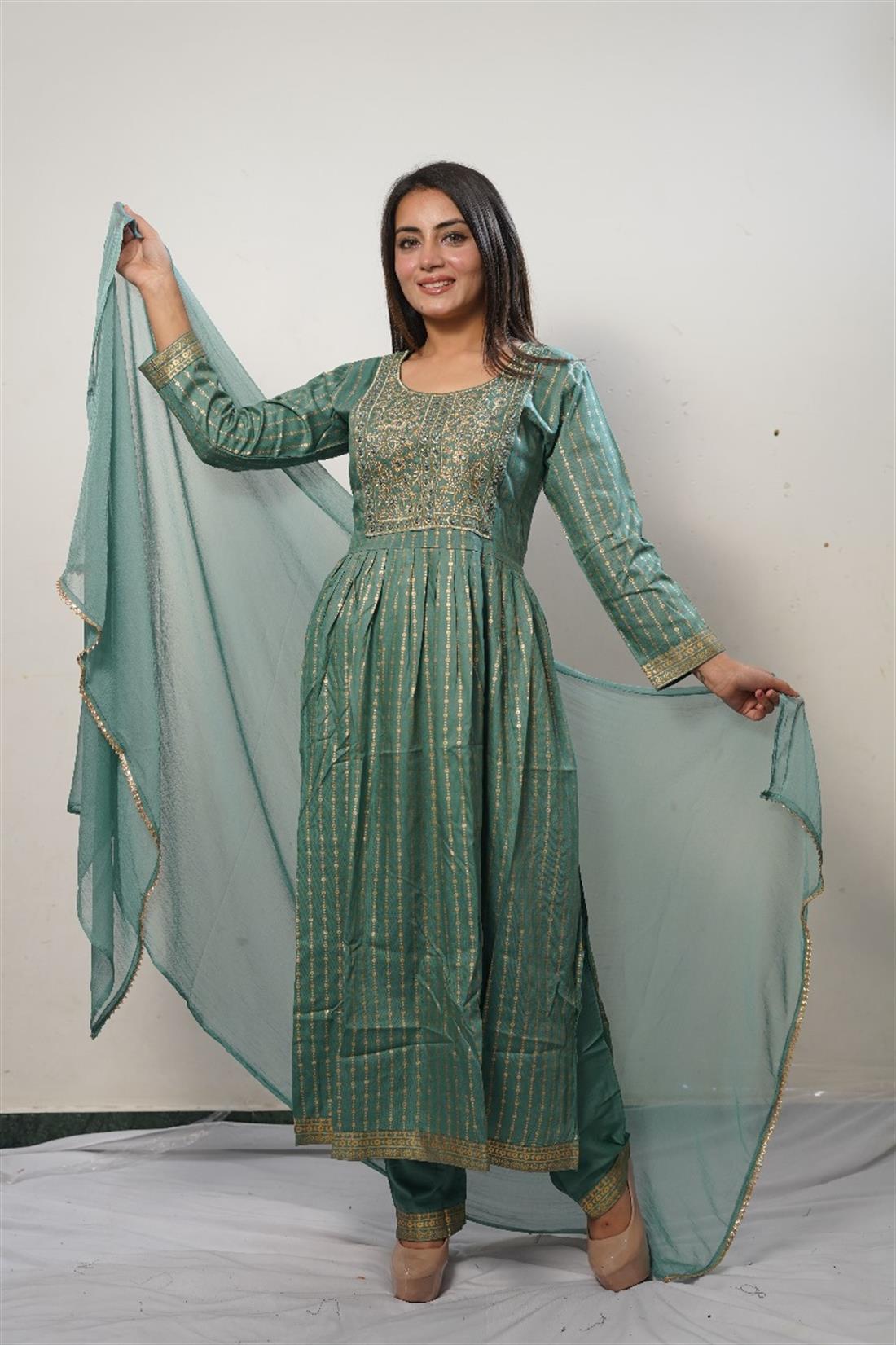 Dark Mint Cotton Maxi Ladies 3 Piece Suit