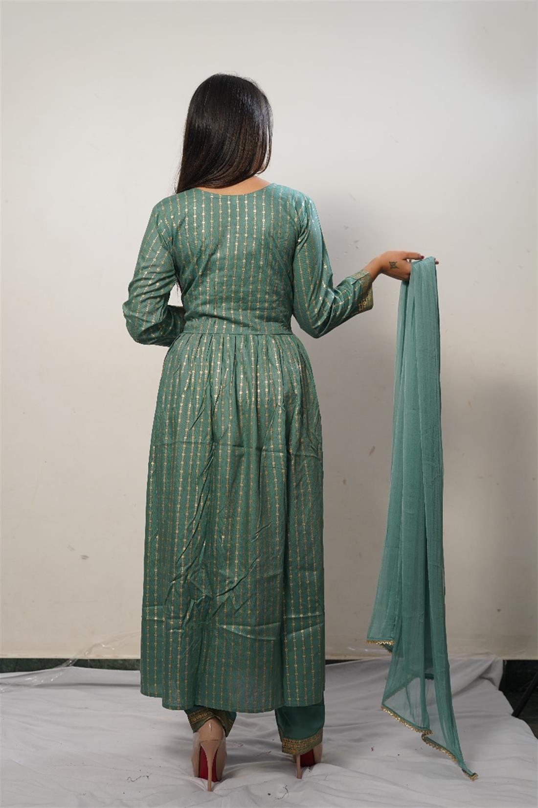 Dark Mint Cotton Maxi Ladies 3 Piece Suit