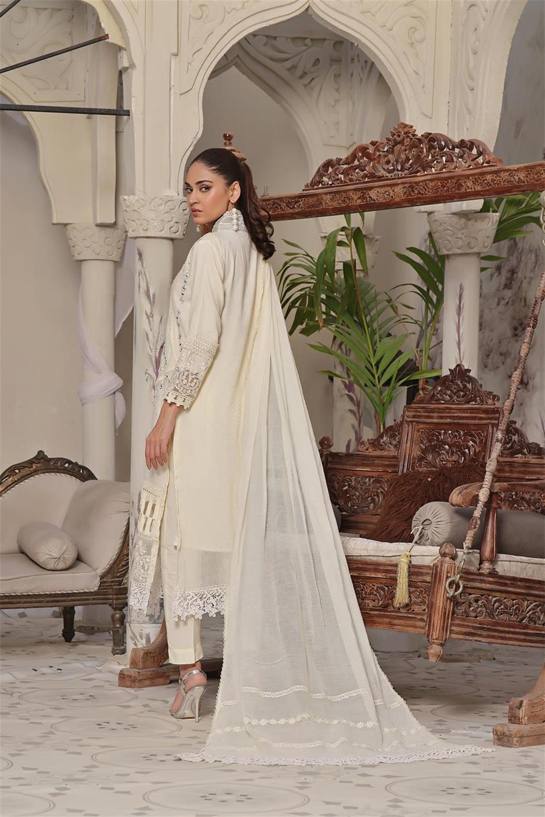 Cream Mirror Work Raw Silk 3 Piece Suit