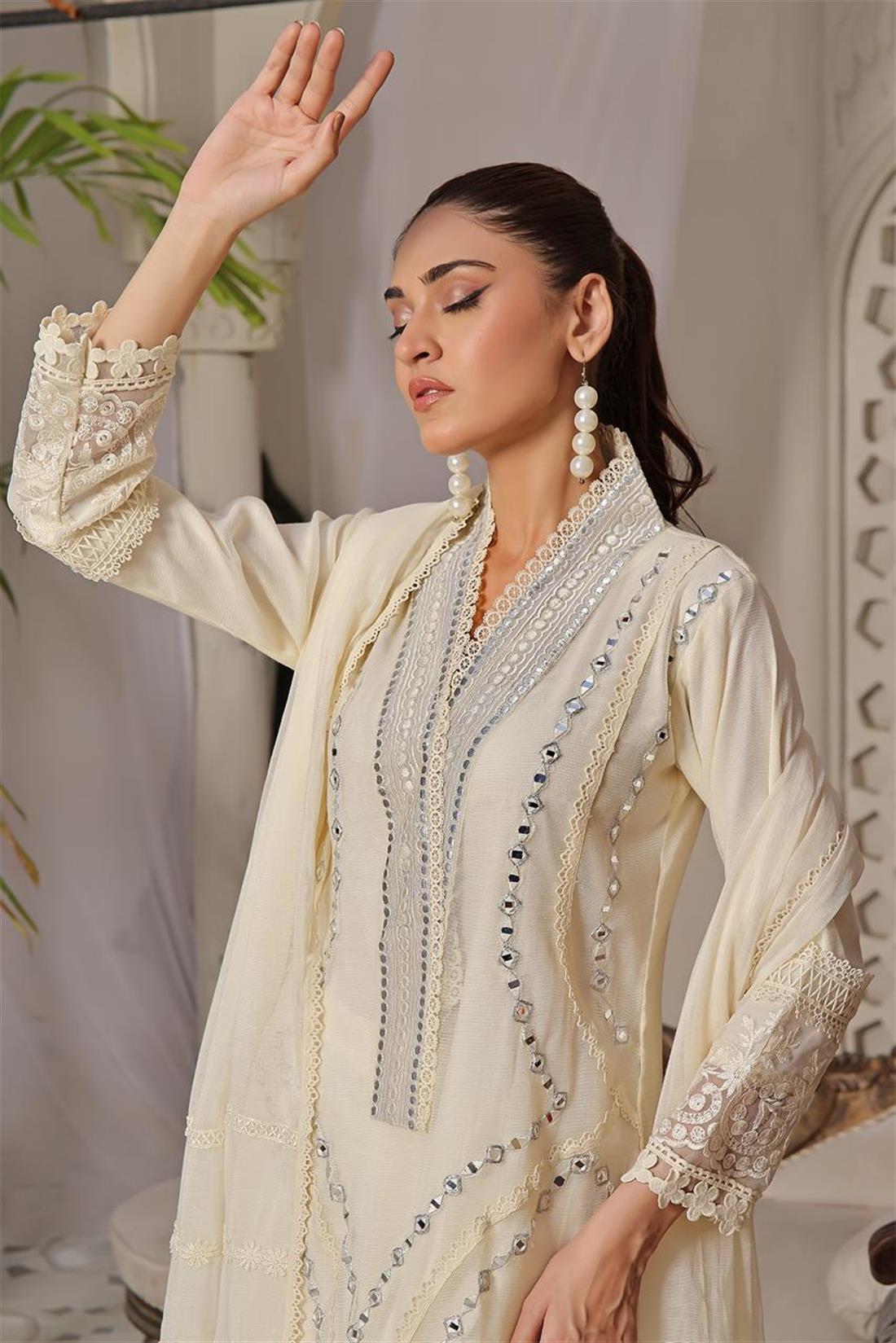 Cream Mirror Work Raw Silk 3 Piece Suit