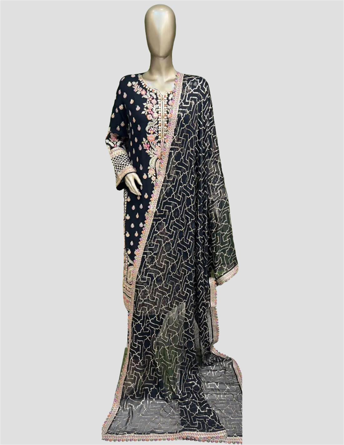 Black Embroidered Raw Silk 3 Piece Handwork Chiffon Dress