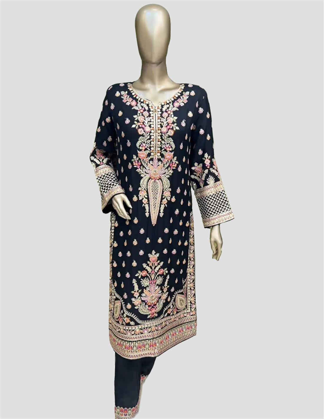 Black Embroidered Raw Silk 3 Piece Handwork Chiffon Dress