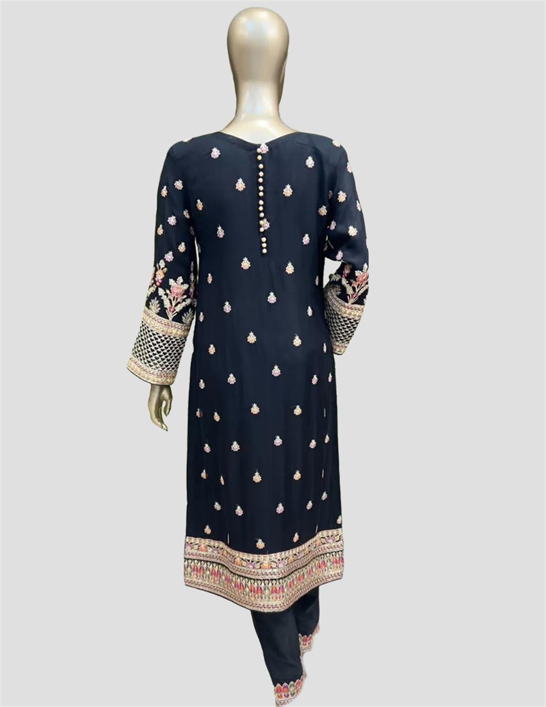Black Embroidered Raw Silk 3 Piece Handwork Chiffon Dress