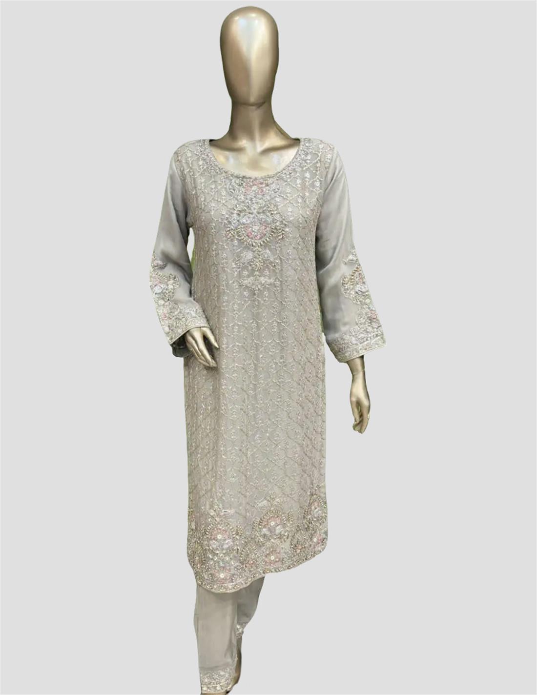 Grey Embroidered Raw Silk 3 Piece Chiffon Suit