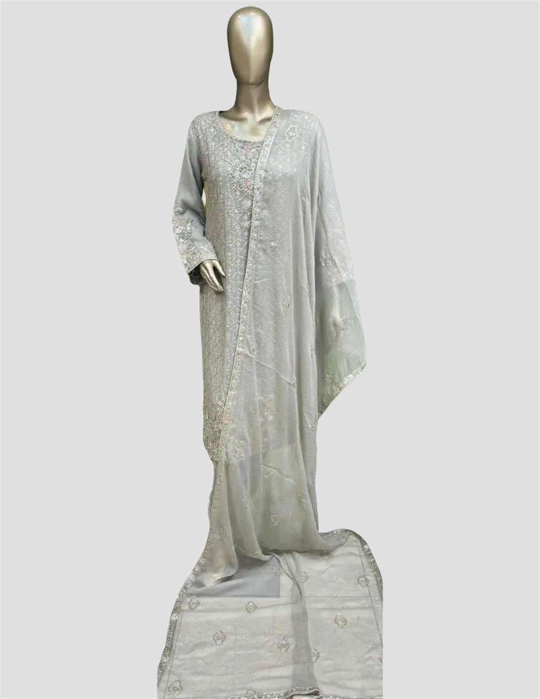 Grey Embroidered Raw Silk 3 Piece Chiffon Suit