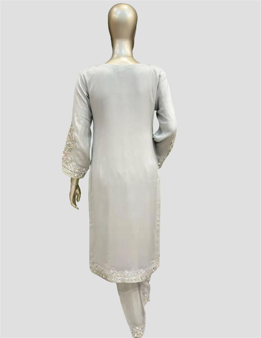 Grey Embroidered Raw Silk 3 Piece Chiffon Suit