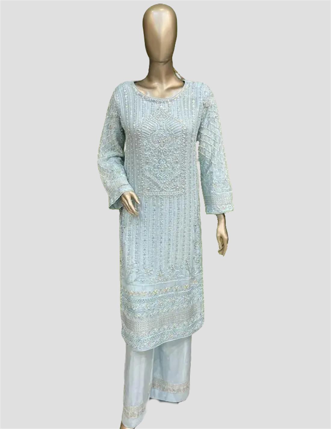 Powder Blue Stone Work Chiffon Sharara 3 Piece Suits