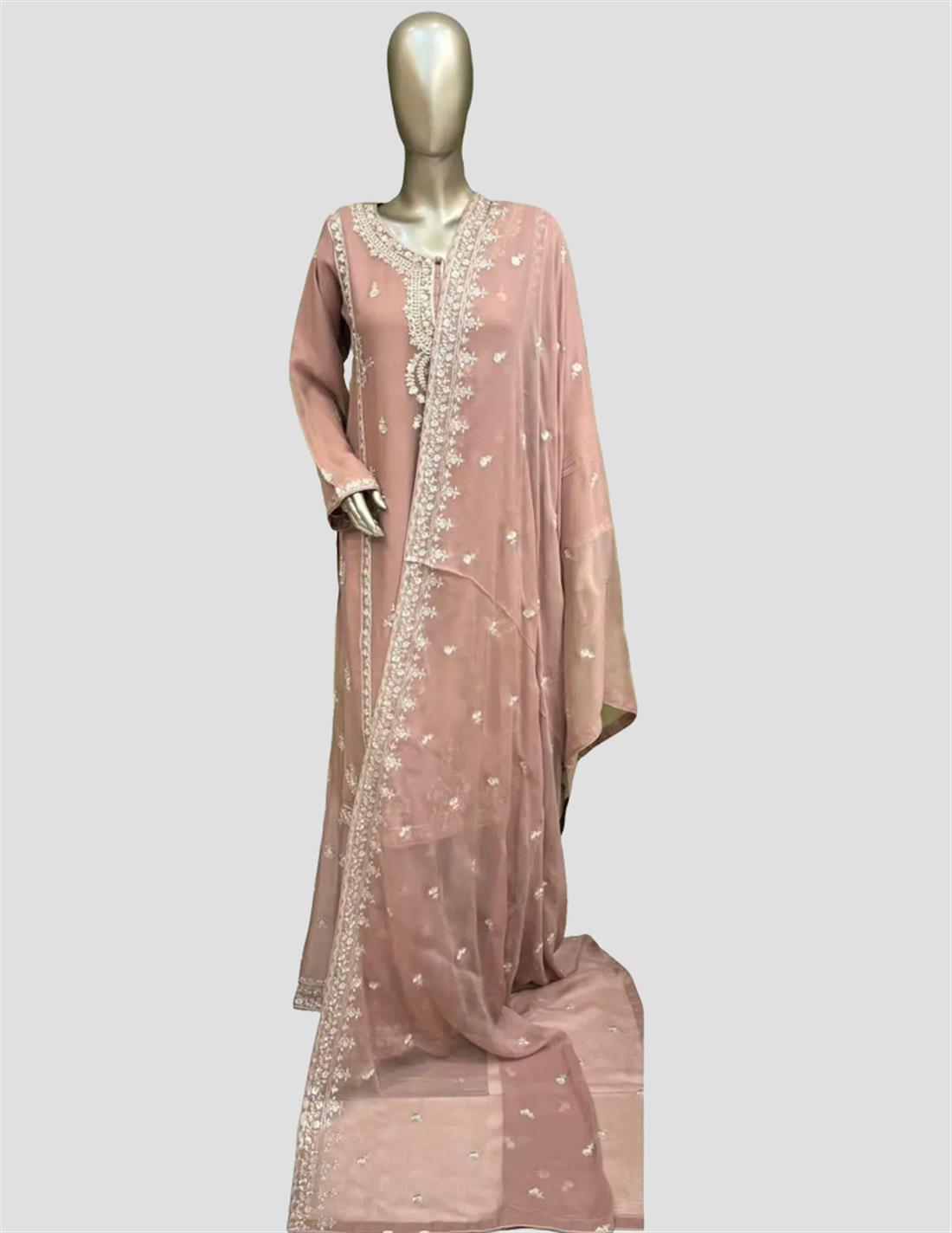 Nude Embroidered Chiffon Sharara 3 Piece Suit