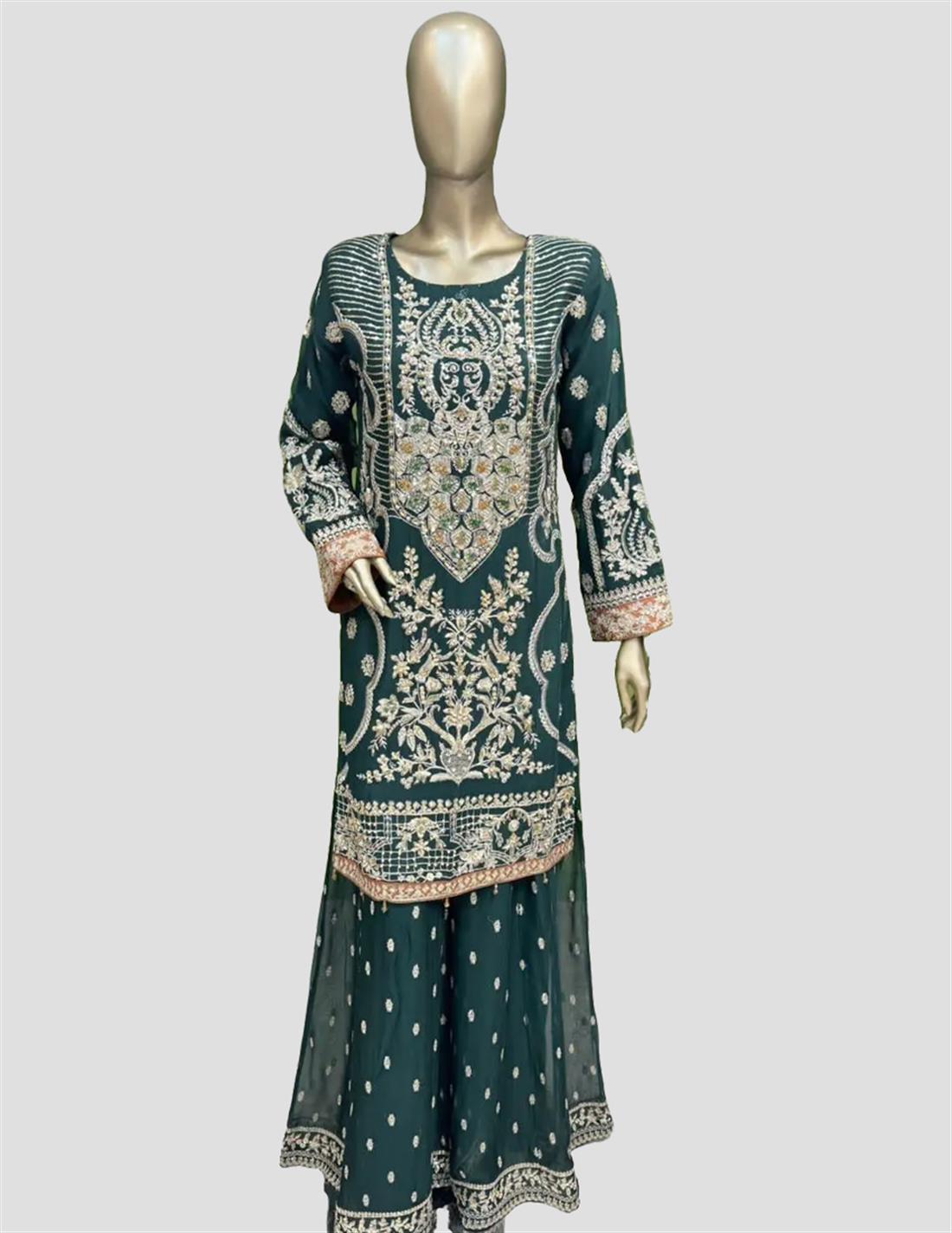 Green Stone Work Chiffon Sharara 3 Piece Suit