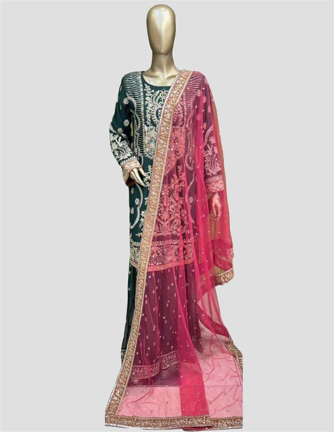 Green Stone Work Chiffon Sharara 3 Piece Suit