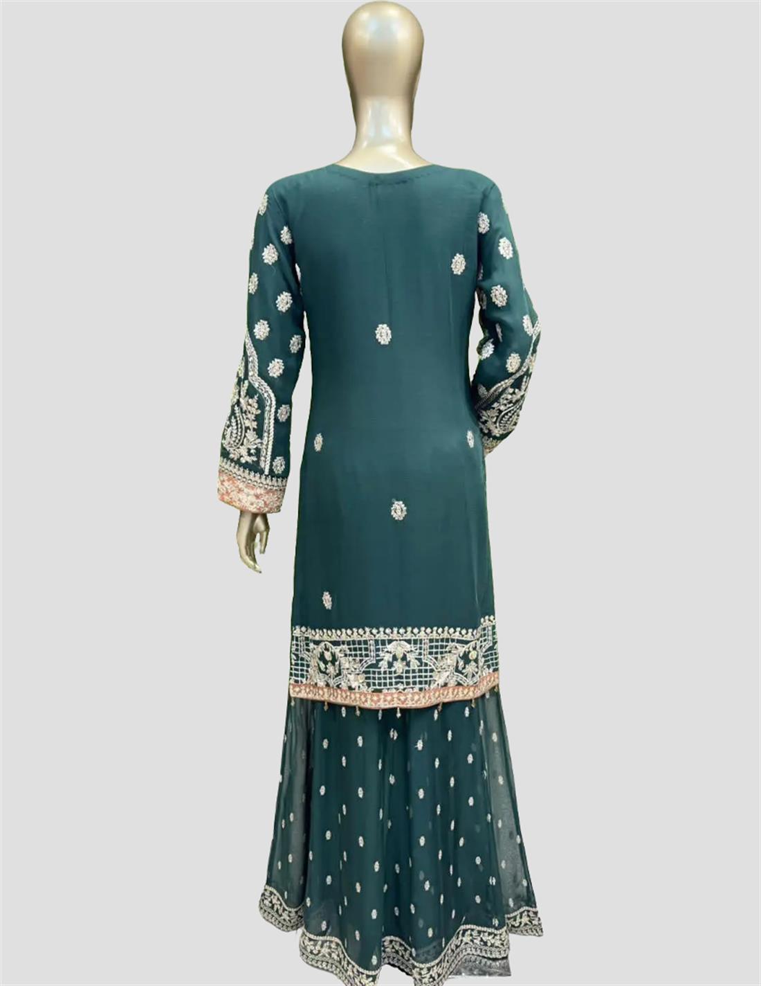Green Stone Work Chiffon Sharara 3 Piece Suit