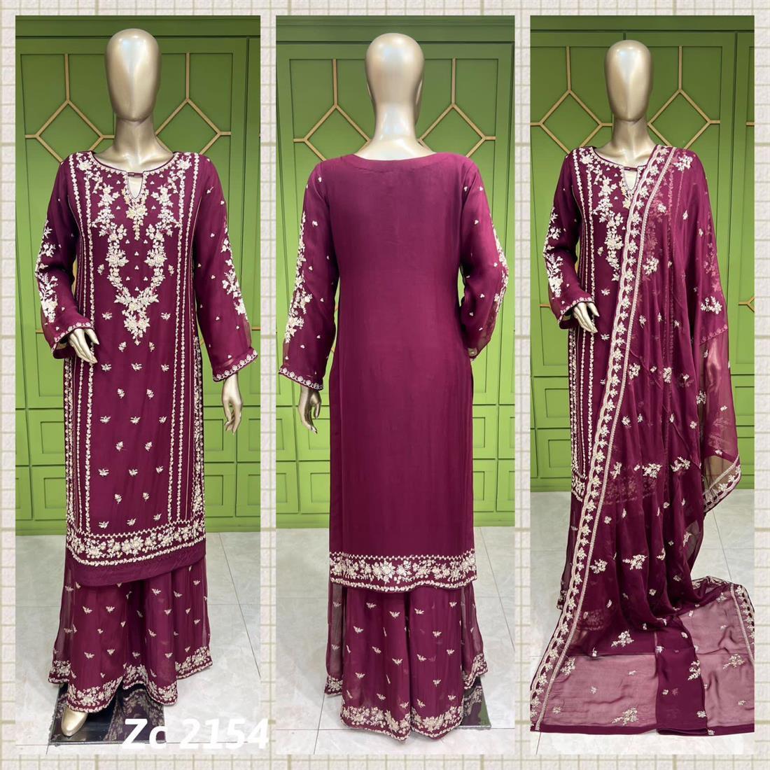 Burgandy Sequinned Chiffon Sharara 3 Piece Suit