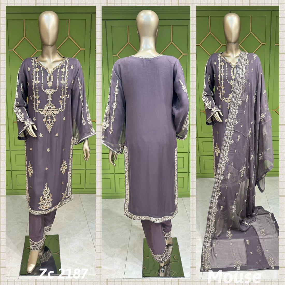 Grey Sequinned Raw Silk 3 Piece Chiffon Suit