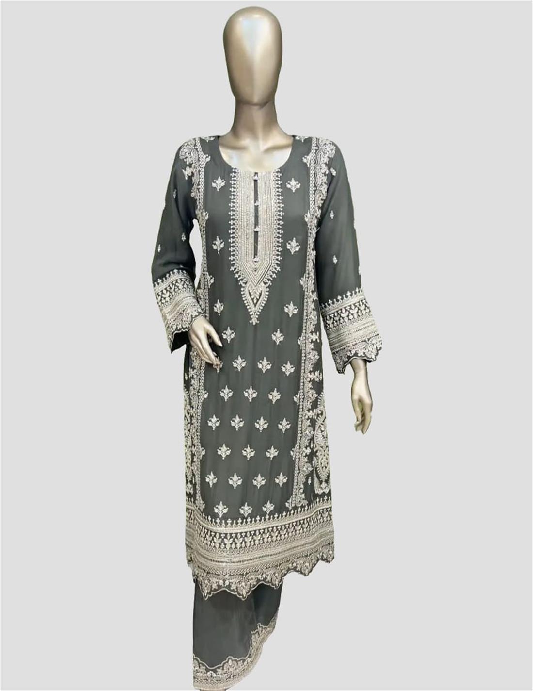 Mehndi Green Sequinned Raw Silk 3 Piece Suit