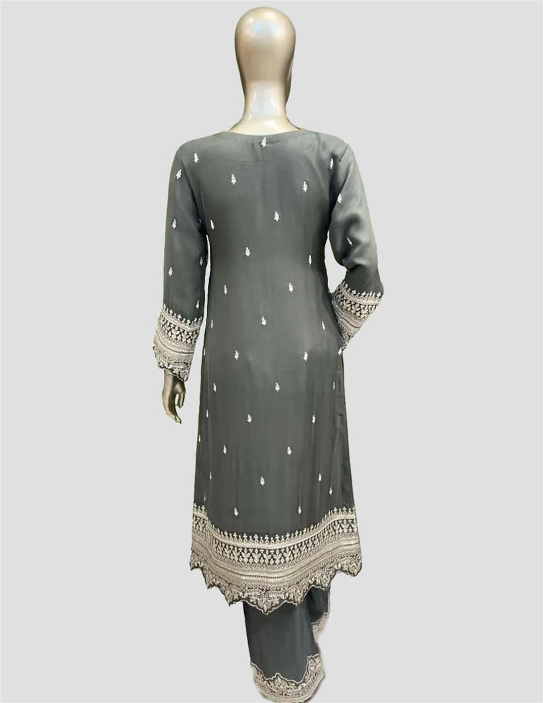 Mehndi Green Sequinned Raw Silk 3 Piece Suit