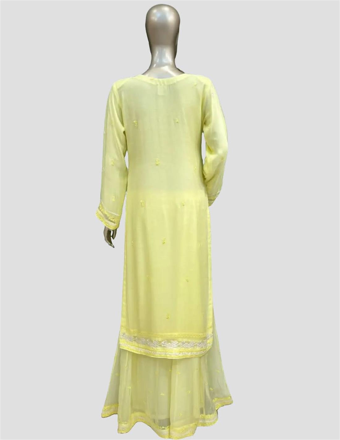 Lemon Sequinned Chiffon Sharara 3 Piece Suit