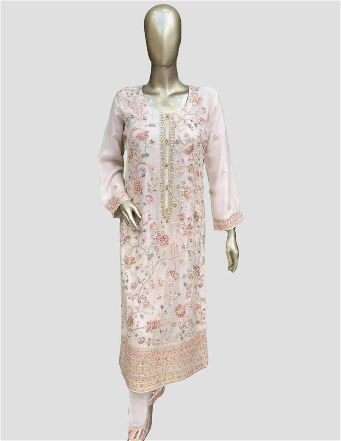 Pink Sequinned Raw Silk 3 Piece Suit