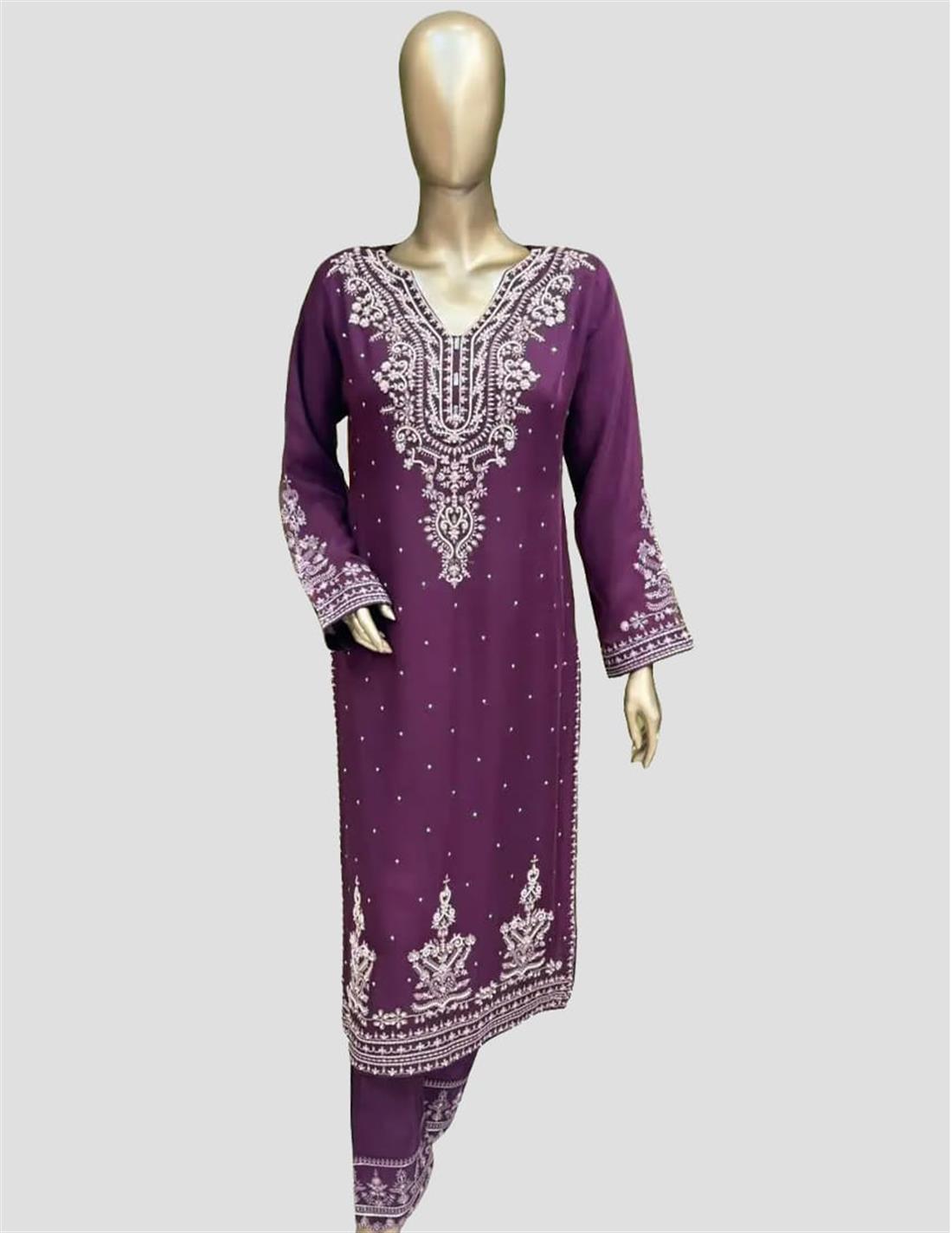 Plum Sequinned Raw Silk 3 Piece Suit